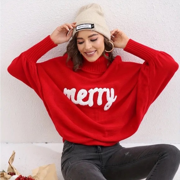 New Red Merry Christmas Holiday Sweater Turtleneck Dolman Long Sleeves White NWT - Picture 3 of 16
